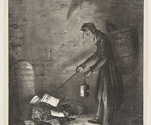 Masked Man using a Lantern to Collect Discarded Pamphlets by a Tombstone, published in Le Charivari